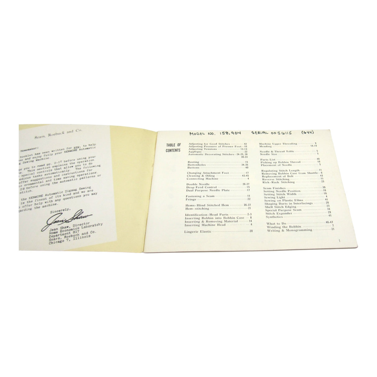 Original Kenmore Model 158.904 Instruction Manual - Central Michigan Sewing Supplies