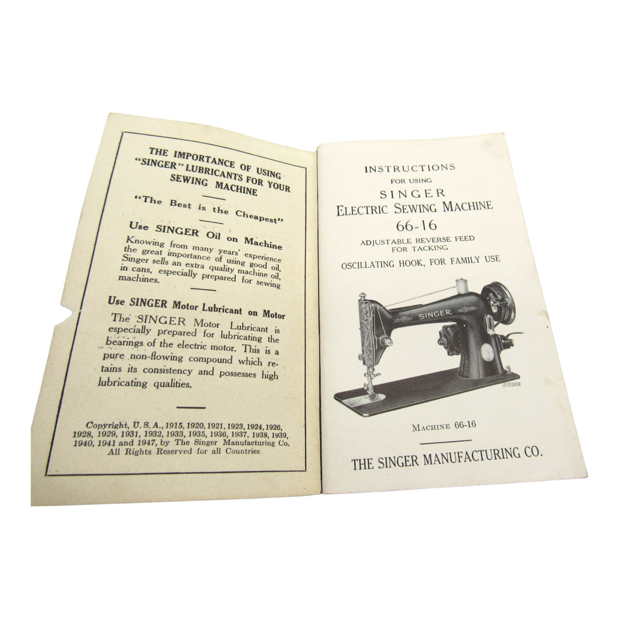 Vintage Original Singer Sewing Machine Model 66-16 Instruction Manual - Central Michigan Sewing Supplies