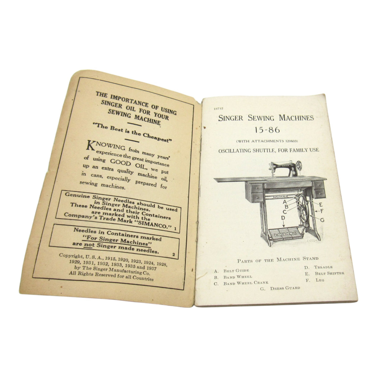 Vintage Original Singer Sewing Machine Model 15-86 Instruction Manual - Central Michigan Sewing Supplies