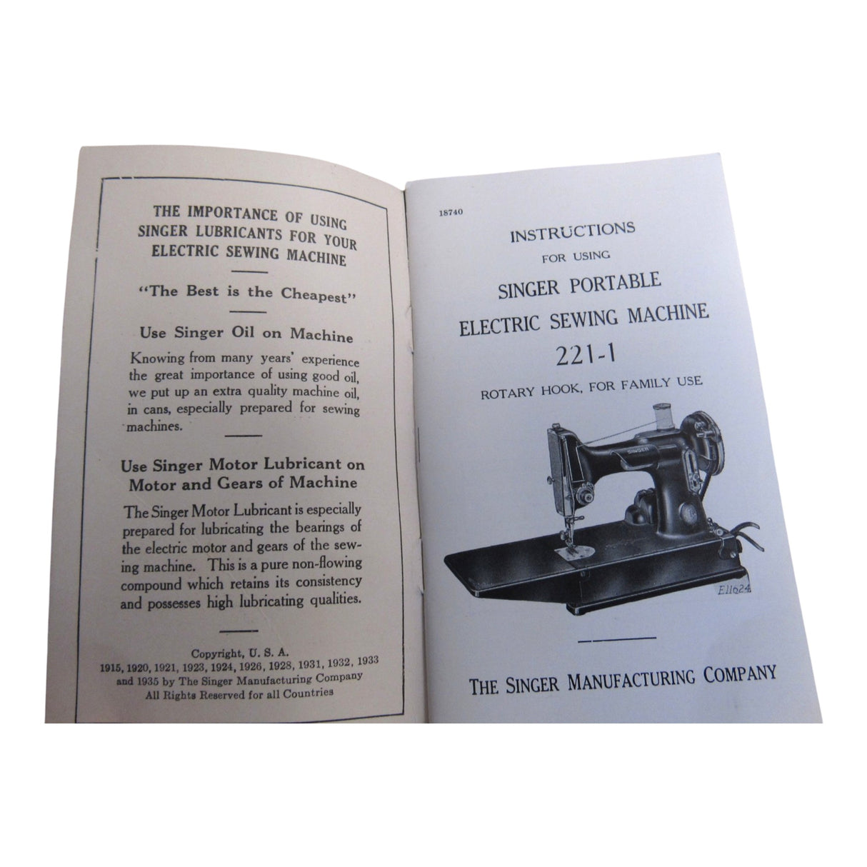 Original Singer 221-1 Instruction Manual Form 18740 Rev. 1235 (December 1935) - School-Bell Edition - Central Michigan Sewing Supplies