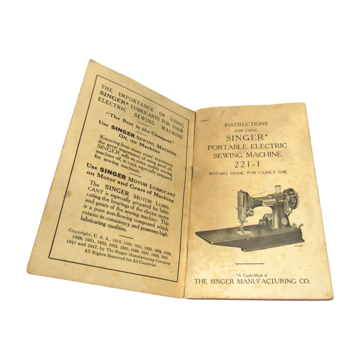 Original Singer Sewing machine Model 221-1 Instruction Manual - Central Michigan Sewing Supplies